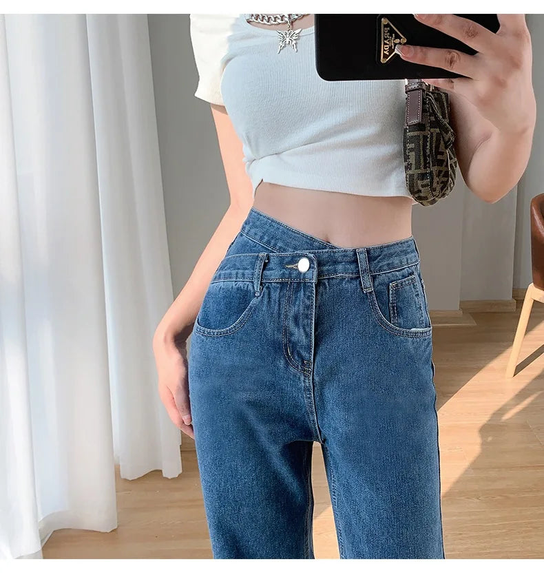 Women's Denim Jeans™ Irregular High-Waisted Wide Straight-Leg Draped Trousers