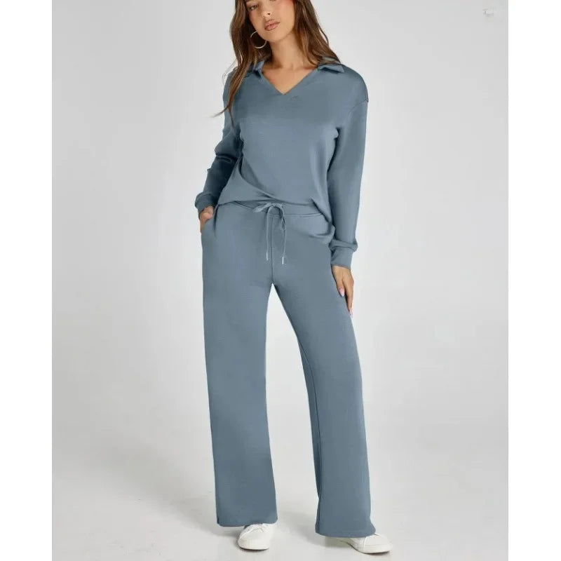 Women's 2 Piece Set™ Loose Long Sleeve V-Neck Top with Drawstring Elastic Waist Bell BottomsSet