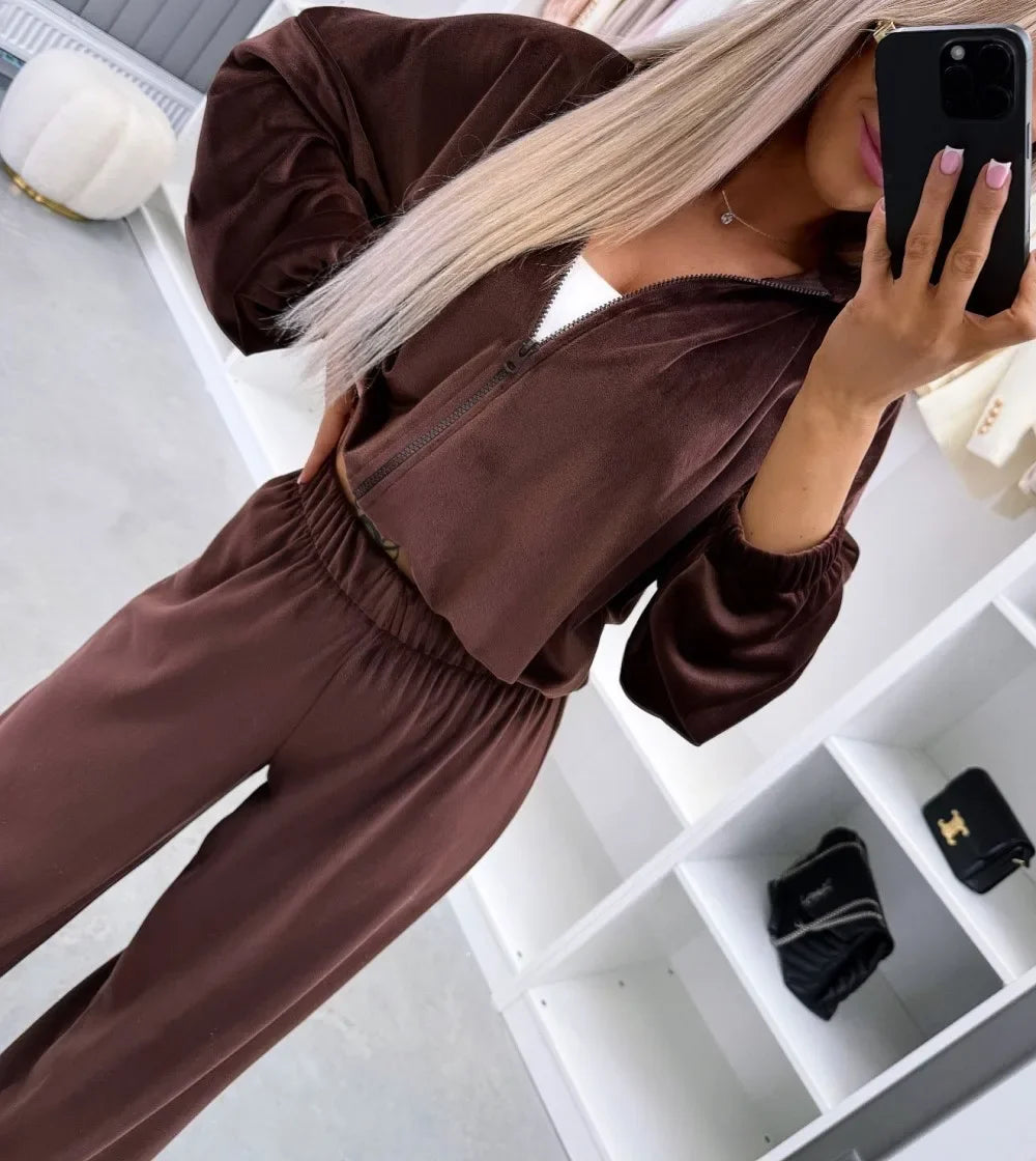 Women's  Casual Outfit™ Zipper Hooded Cardigan + Wide Leg Pants Two Piece Set
