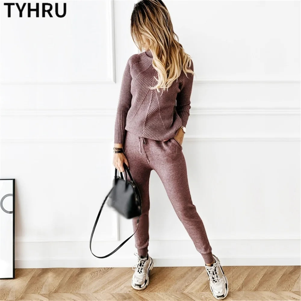 Women's tracksuit™ TYHRU Autumn Winter Knitted Striped Turtleneck Sweater and Elastic Trousers Set