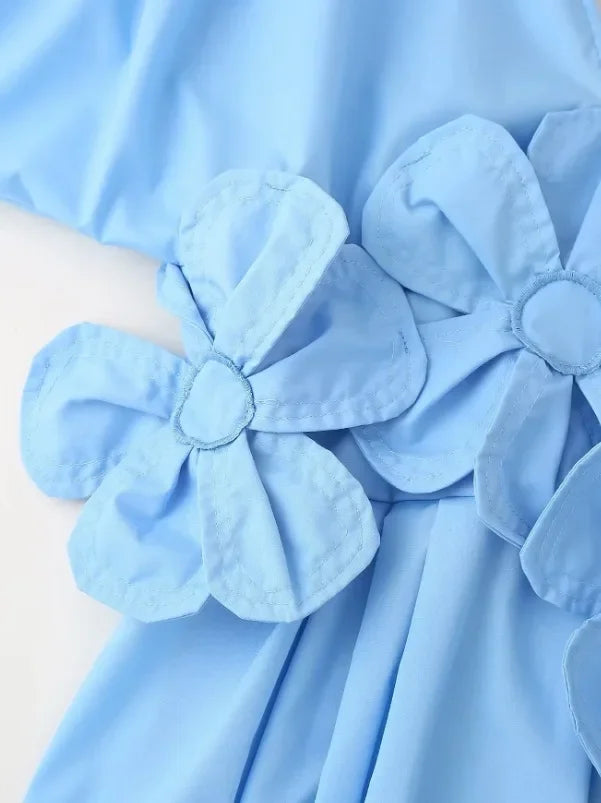 Women's V-Neck Blue Dress™ Waist-Fitted Bow-Decored Long Dress