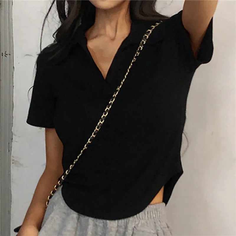 Women's Summer Short Sleeve Lapel Tops™ V-Neck Retro Slim Versatile Tee