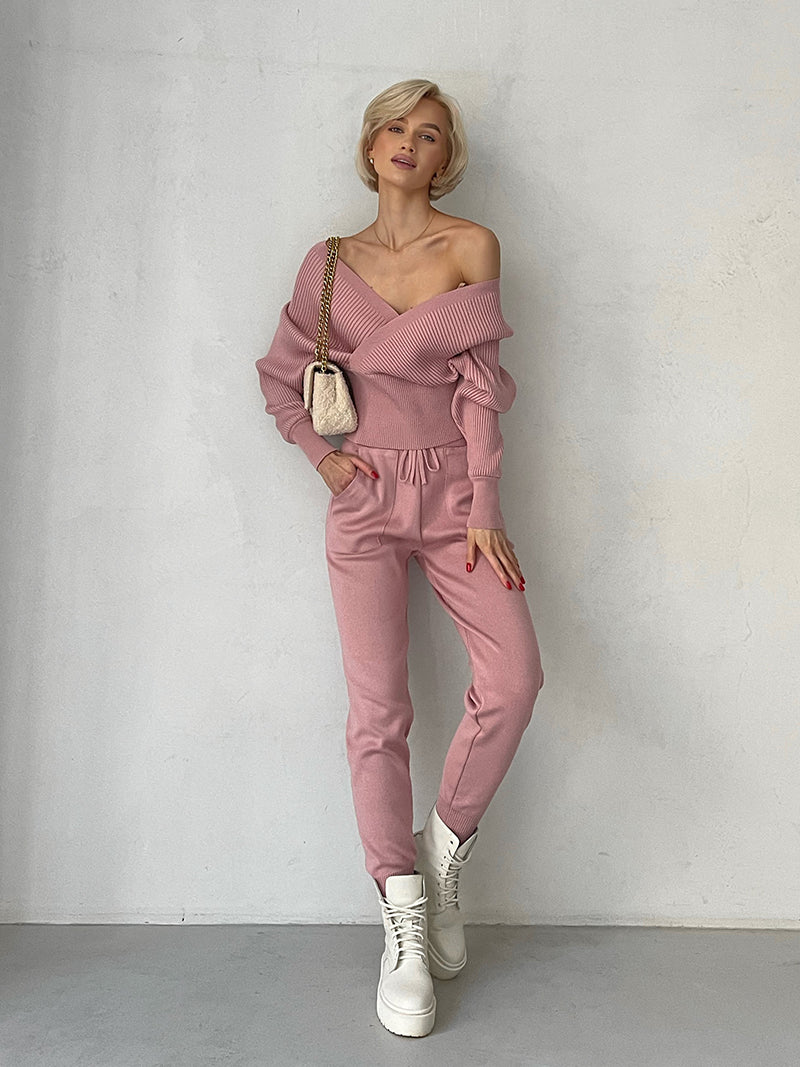 Women's Knitted Tracksuit™ Off Shoulder Knitted Long Sleeve Sweater  and Pants Suits