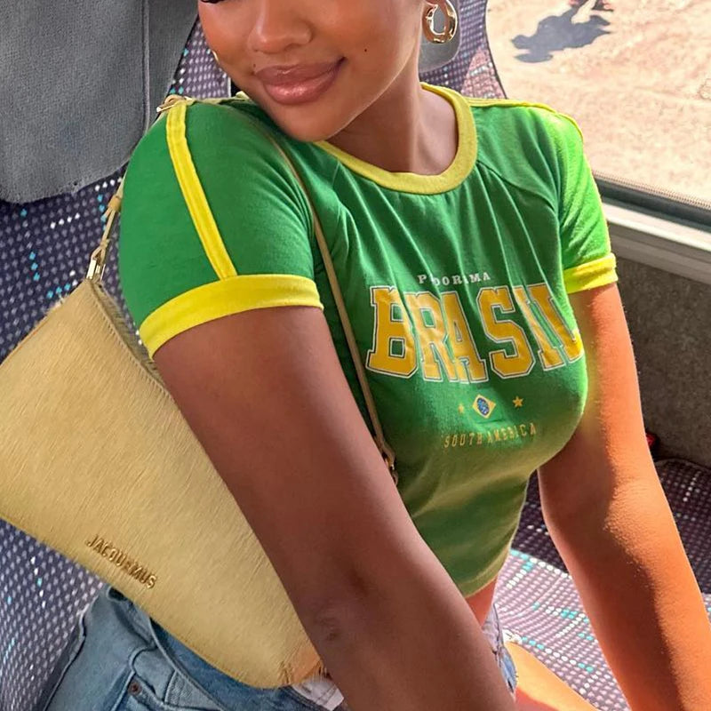 Women's Summer T-Shirt™ Retro Street Aesthetic Green Brazil Letters Print Crop Tops