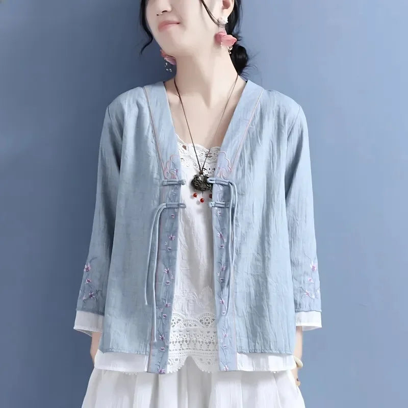 Women's V-neck Cotton Cable Knit T-shirt™ Double Button Seven Half Sleeve Vintage Cardigan