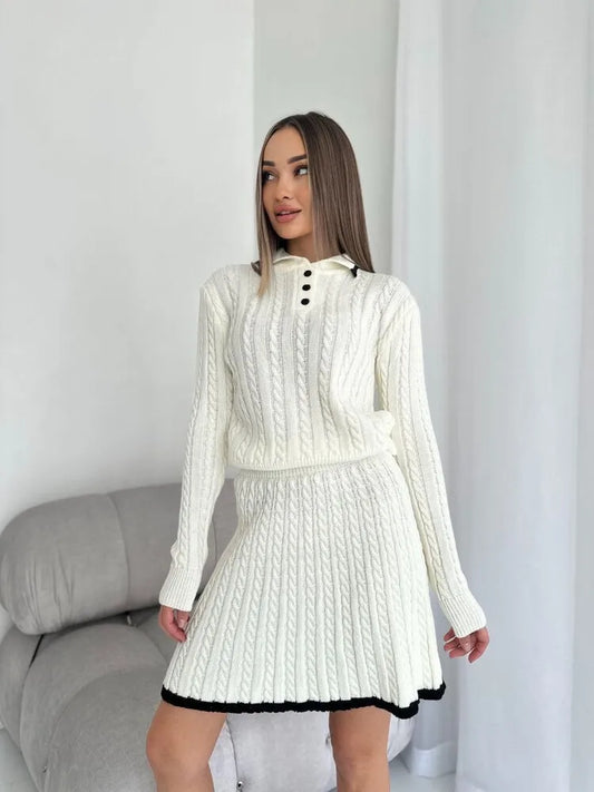 Women's Knitted Set™ Long Sleeve Lapel Buttons Knitting Sweater Short Skirt Sets