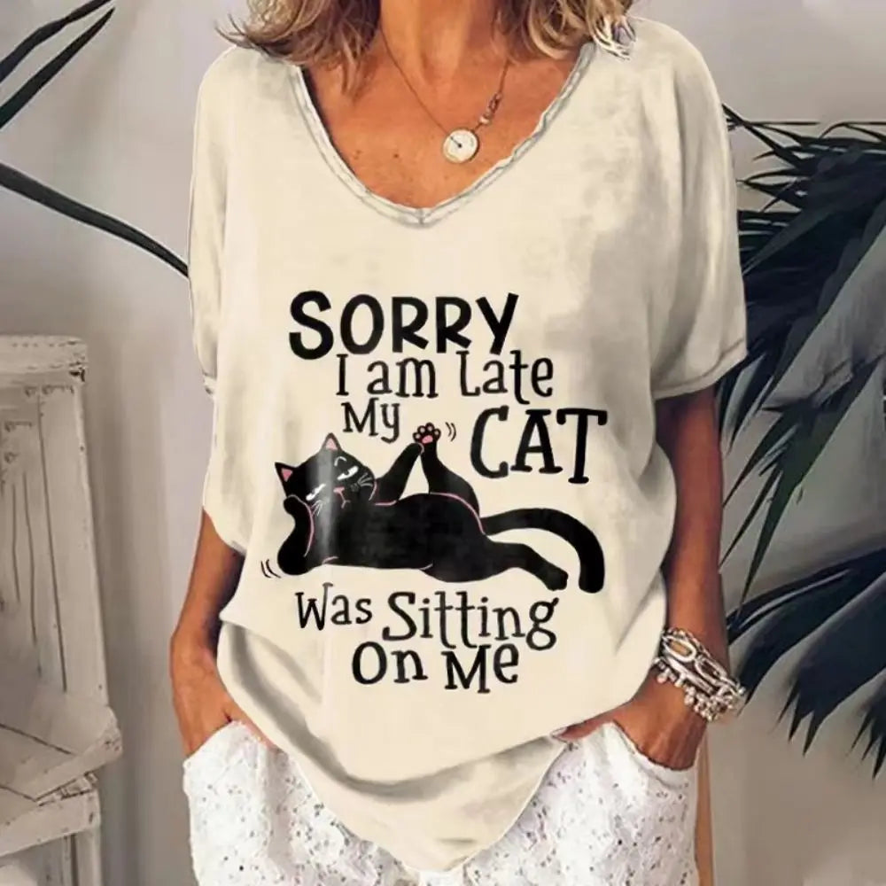 Women's Cartoon Cat Print T-shirt™ Summer Short Sleeve V-Neck Kawaii Fashion Tees