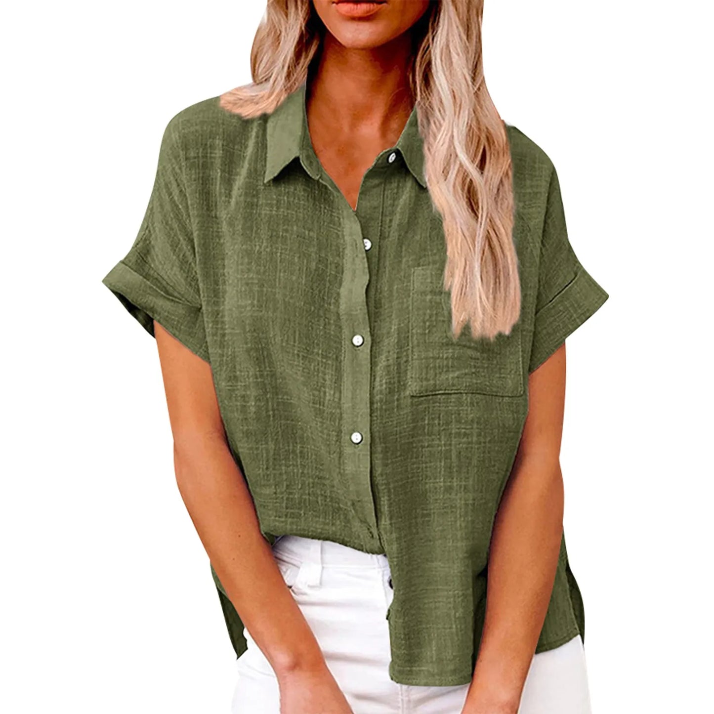 Women's  Cotton Linen Classic Shirts™ Short Sleeve Lapel Button Down Shirt