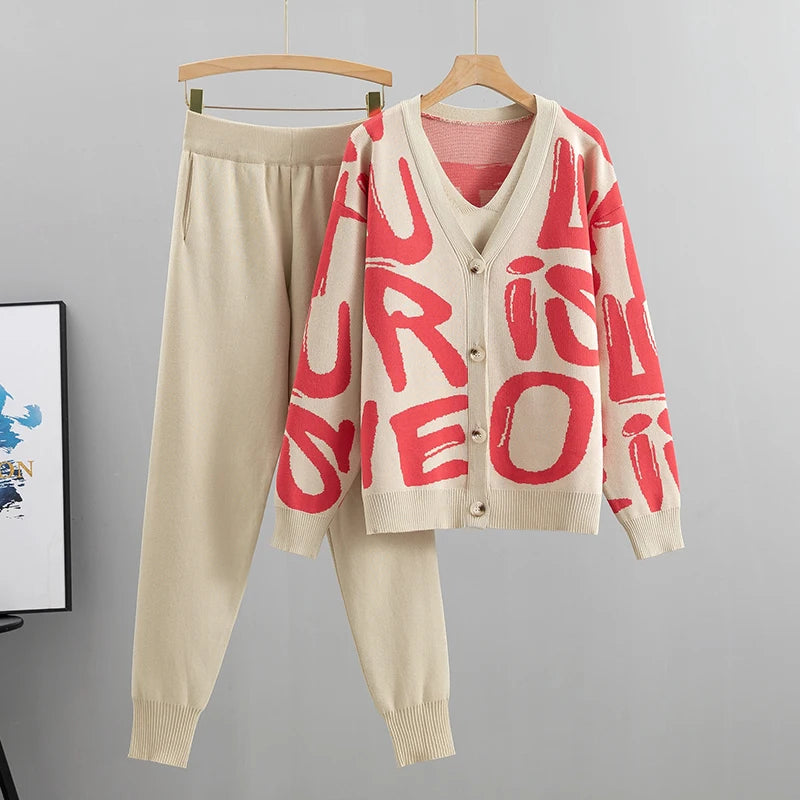 Women Tracksuit™ Spring Autumn 3 Piece Women Cardigan Tracksuits Knitted Pocket Pant Set Ladies Sweater