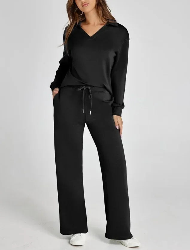 Women's 2 Piece Set™ Loose Long Sleeve V-Neck Top with Drawstring Elastic Waist Bell BottomsSet
