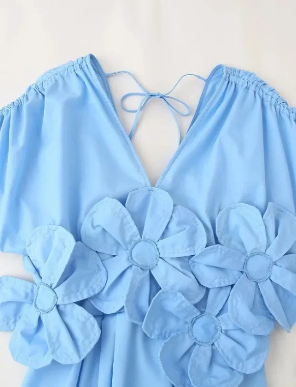 Women's V-Neck Blue Dress™ Waist-Fitted Bow-Decored Long Dress