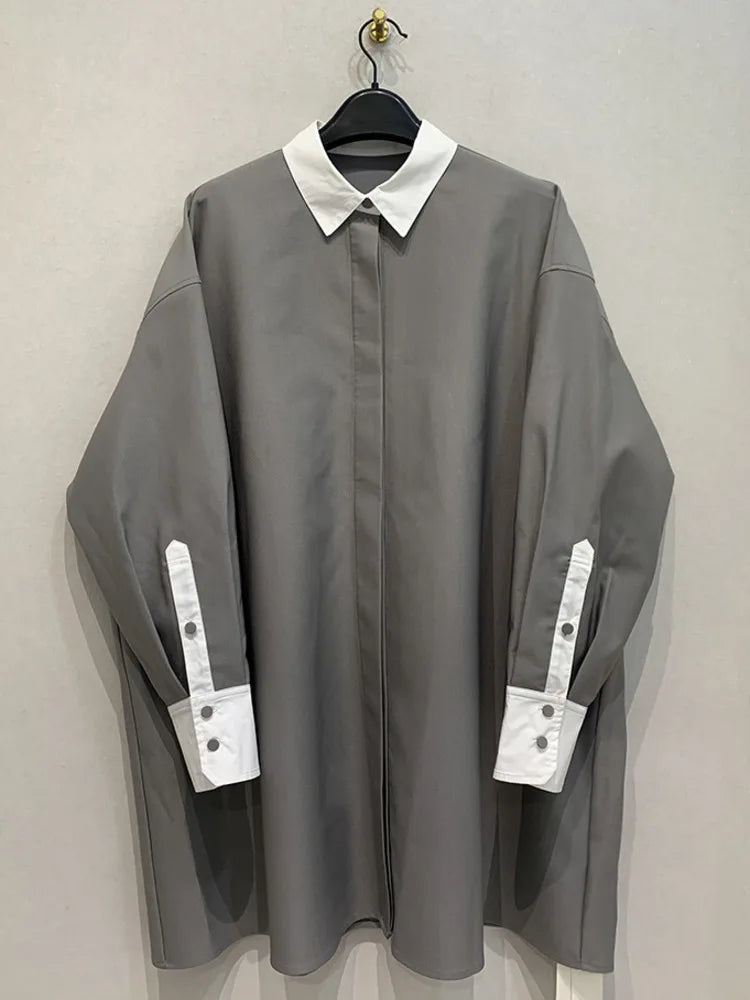 Women's Shirt™ Lapel Loose Fit Single Breasted Long Sleeve Contrast Color Tide Shirt
