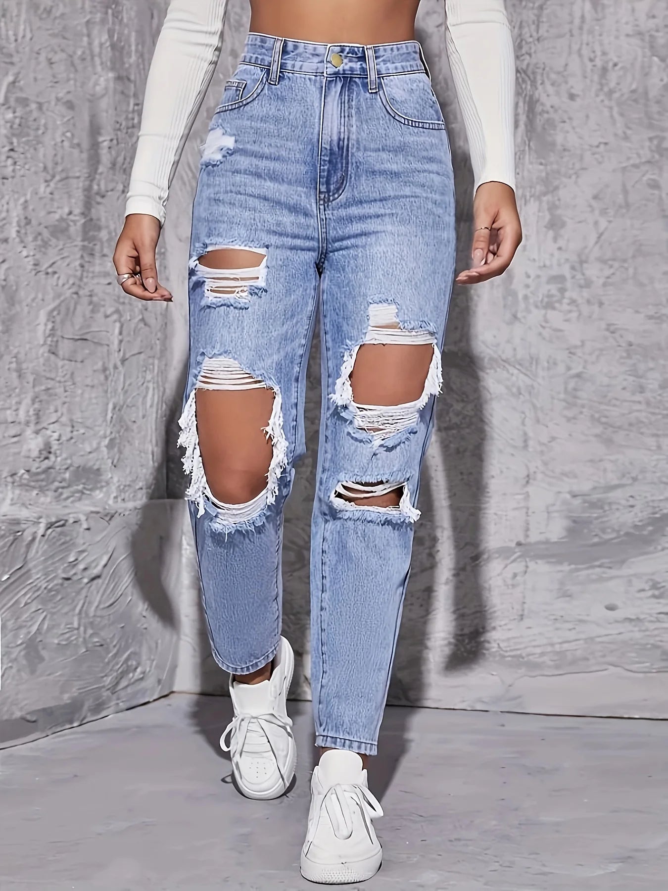 Women's Retro Hole-punched Jeans™ High Waist Straight Loose Slim Dragging Pants