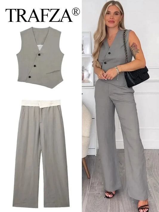 Women's TRAFZA Suit™ Asymmetric Sleeveless Single Breasted Top + High Waist Loose Trousers