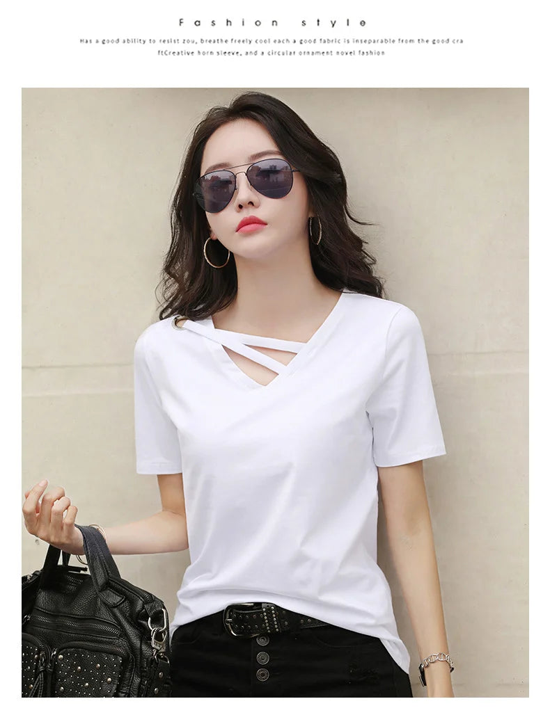 Women Short Sleeve Heart-neck T-shirt™ Half-sleeve Loose Tops