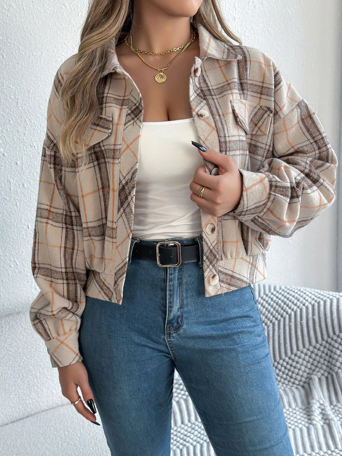 Women's Plaid Short Coat™ Lantern Long Sleeve Turn-Down Collar Button Woolen Jacket