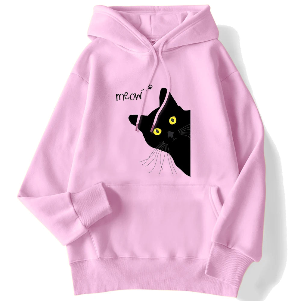 Women's Hoodies™ Meow Black Cat Printed Pullover Pocket Drop Sleeves Loose Hoodies