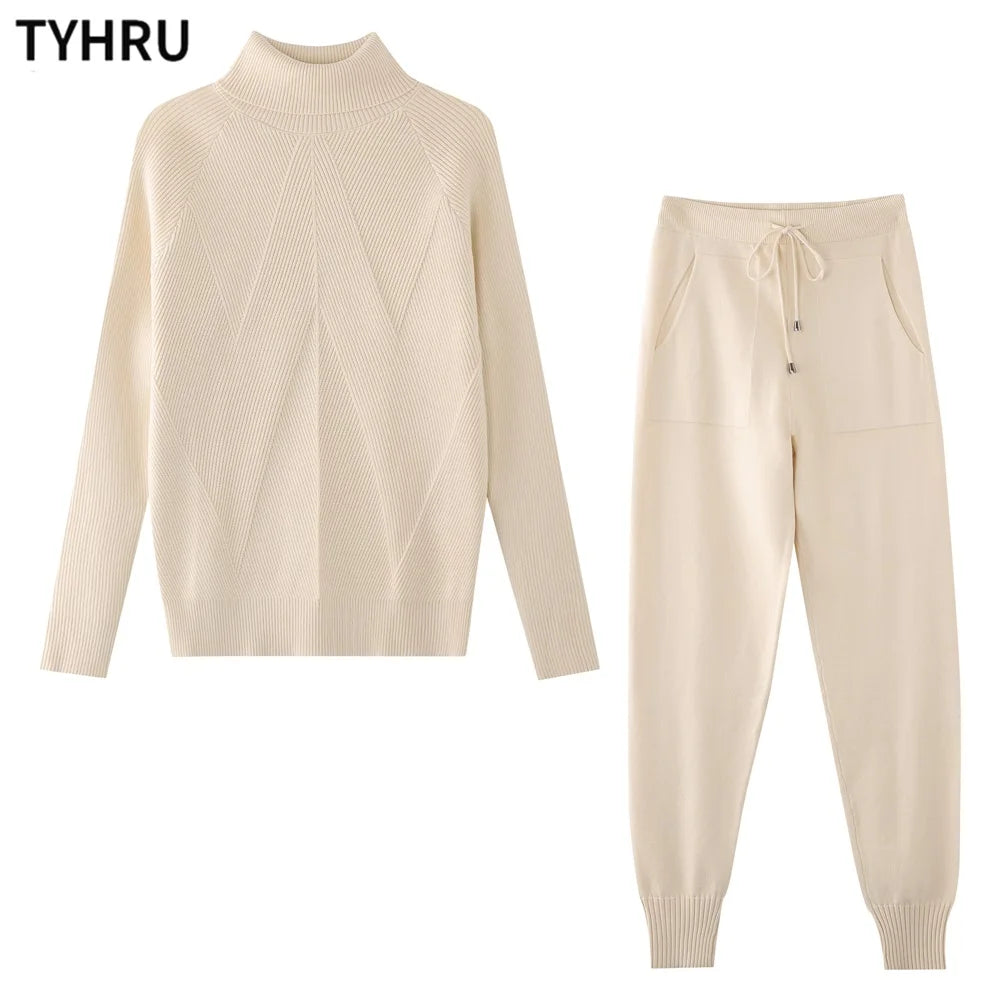 Women's tracksuit™ TYHRU Autumn Winter Knitted Striped Turtleneck Sweater and Elastic Trousers Set