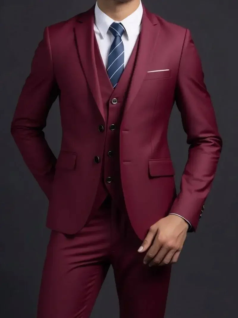 Men's Suit (Blazer+ Vest + Trousers) British Style Solid-color Suit