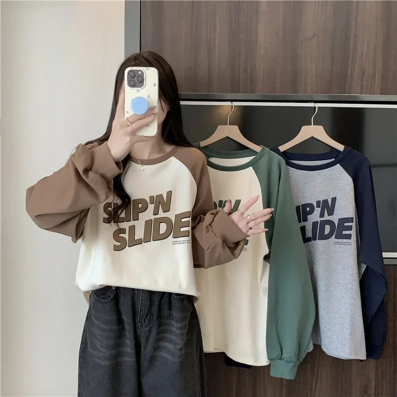 Women's Letter Printed T-Shirt™ Autumn Winter Thickened Frosted Color Block Shoulder Sleeve Lazy Loose Large Version Round Neck T-Shirt