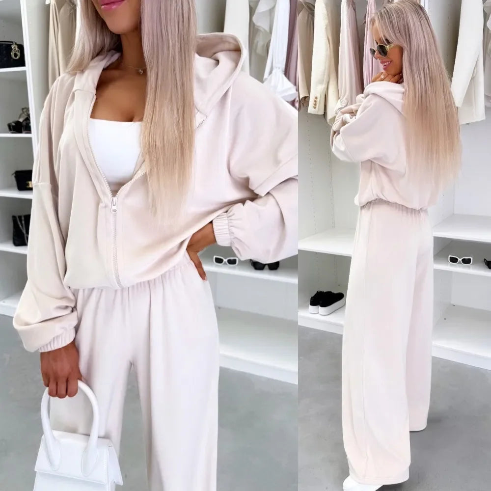 Women's  Casual Outfit™ Zipper Hooded Cardigan + Wide Leg Pants Two Piece Set