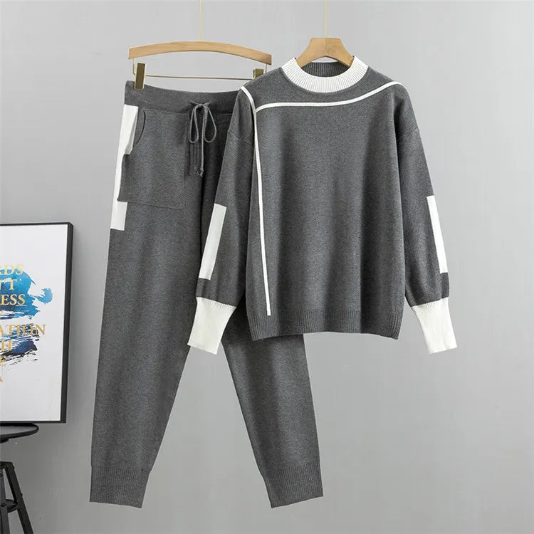 Women's Knitted Suit™ Autumn 2 Pieces Set Knitted Long Sleeve Pullovers Sweater Casual Patchwork Fashion Tops and Pants Suit