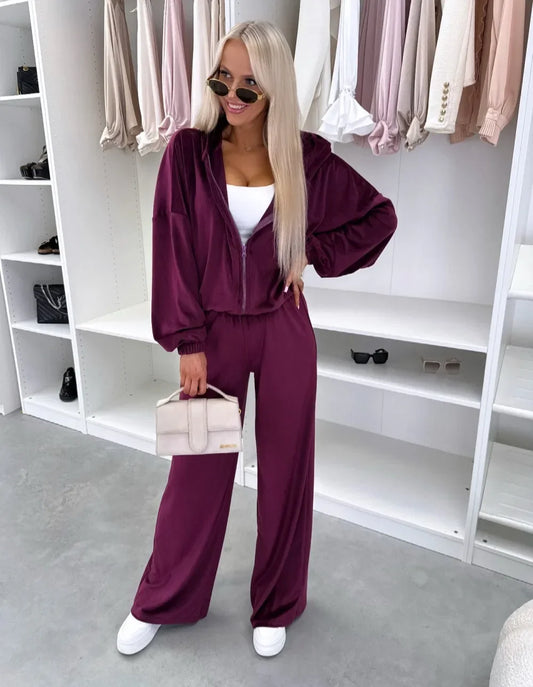 Women's  Casual Outfit™ Zipper Hooded Cardigan + Wide Leg Pants Two Piece Set