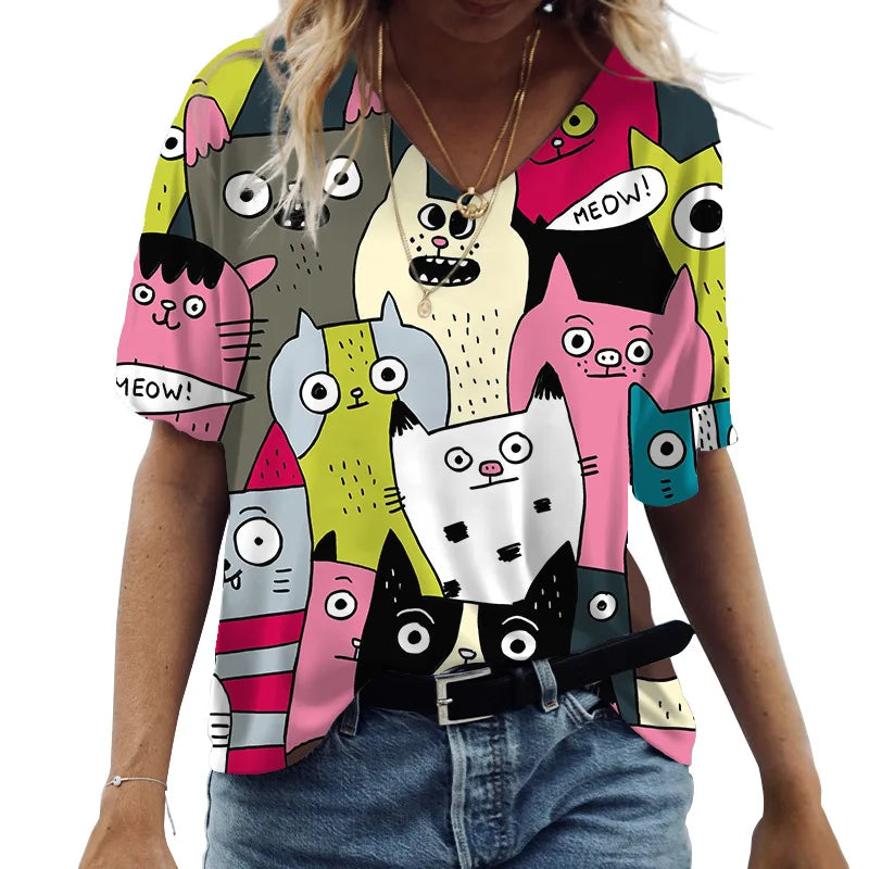 Women's Cartoon Cat Print T-shirt™ Summer Short Sleeve V-Neck Kawaii Fashion Tees