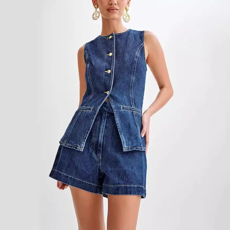 Women's Sleeveless High Waist Summer Suit™ Denim Shorts Sleeveless Vest Set