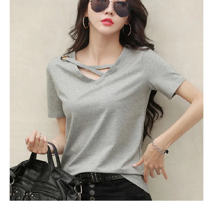 Women Short Sleeve Heart-neck T-shirt™ Half-sleeve Loose Tops