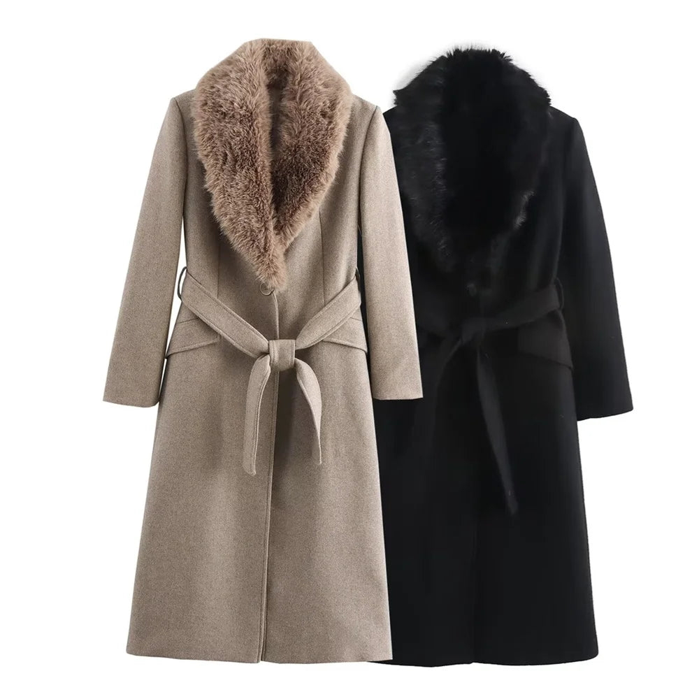 RARF Women's Belt Fur Collar Coat™  Flip Collar Pocket Button Decoration Wear