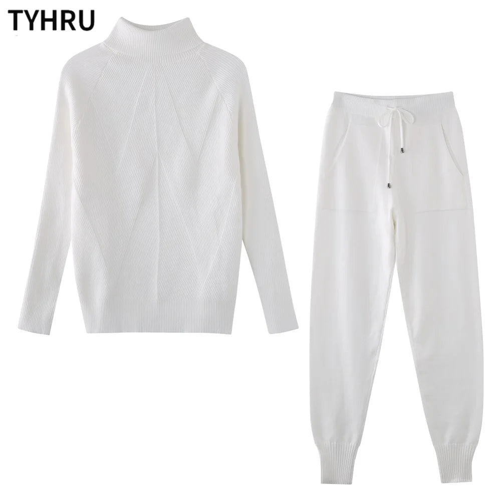 Women's tracksuit™ TYHRU Autumn Winter Knitted Striped Turtleneck Sweater and Elastic Trousers Set
