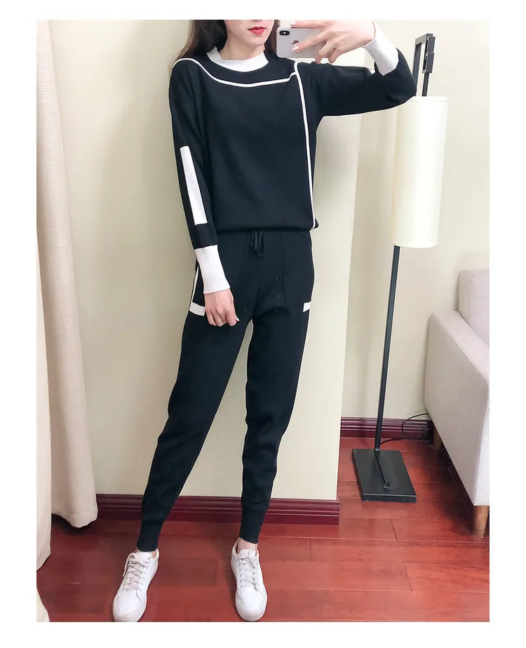 Women's Knitted Suit™ Autumn 2 Pieces Set Knitted Long Sleeve Pullovers Sweater Casual Patchwork Fashion Tops and Pants Suit