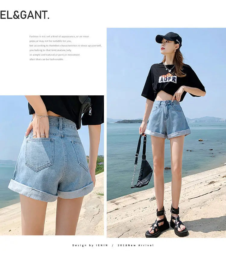 Women's Denim Shorts™ High Waist Cotton Wide-leg Short Pants