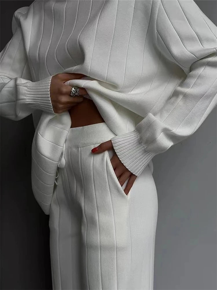 REALEFT Women's Knitted Tracksuit™ Turtleneck Sweater and Straight Jogging Pant Suits