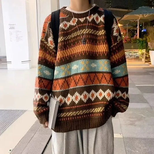 Men's Vintage Sweater™ Trendy Ethnic Striped Loose-Fit Knitted Crew Neck Idle Style Sweater