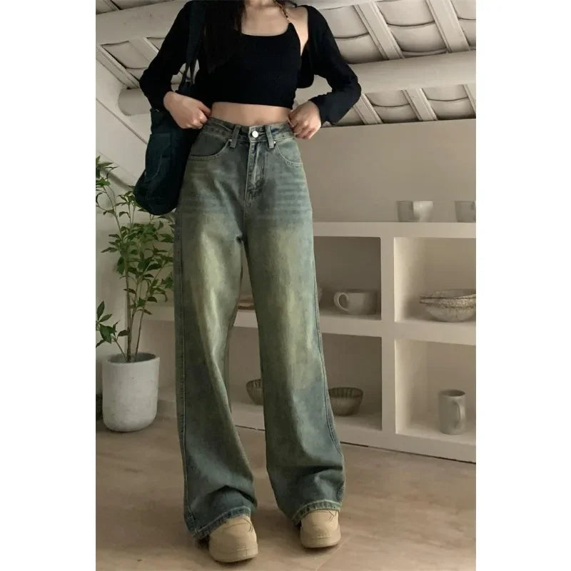 Women's Baggy Jeans™ Y2K Vintage Irregular High Waist Slimming Wide Leg Mop Long Pants Blue Baggy Jeans