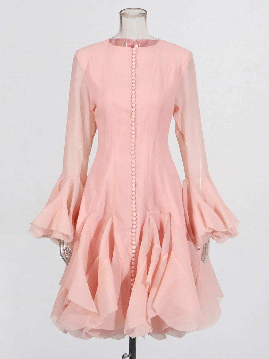 Women's Dress™ VGH Sweet Ruffles Elegant Knee Length Round Neck Flare Sleeve High Waist Spliced Button Dress