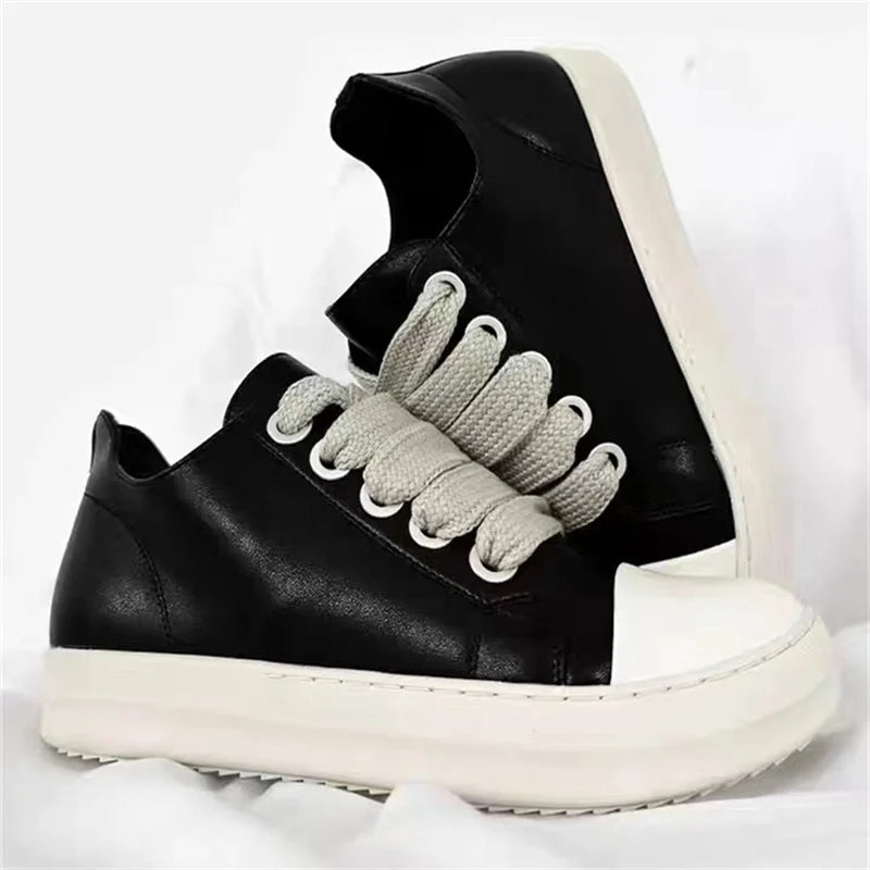 Women's Platform Sneakers™ Black Leather Zipper Lace Up Casual Shoes