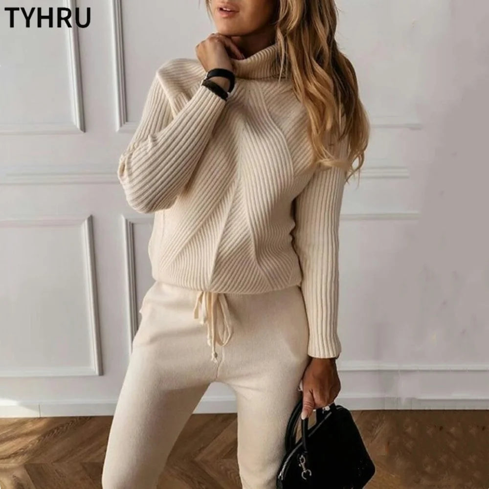 Women's tracksuit™ TYHRU Autumn Winter Knitted Striped Turtleneck Sweater and Elastic Trousers Set