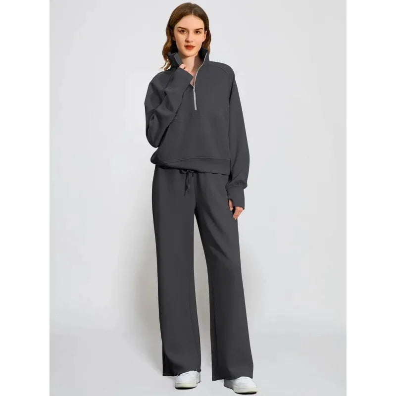 Women's European Style 2-Piece Set™ Zip Up Polo Shirt Wide Leg Sweatpants Casual Suit