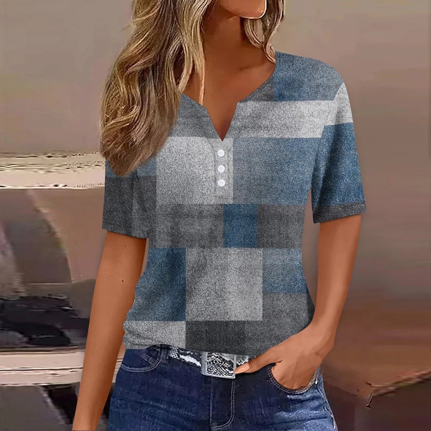 Women's Summer Patchwork T-Shirts™ Short Sleeve Loose Ladies V-Neck Tops