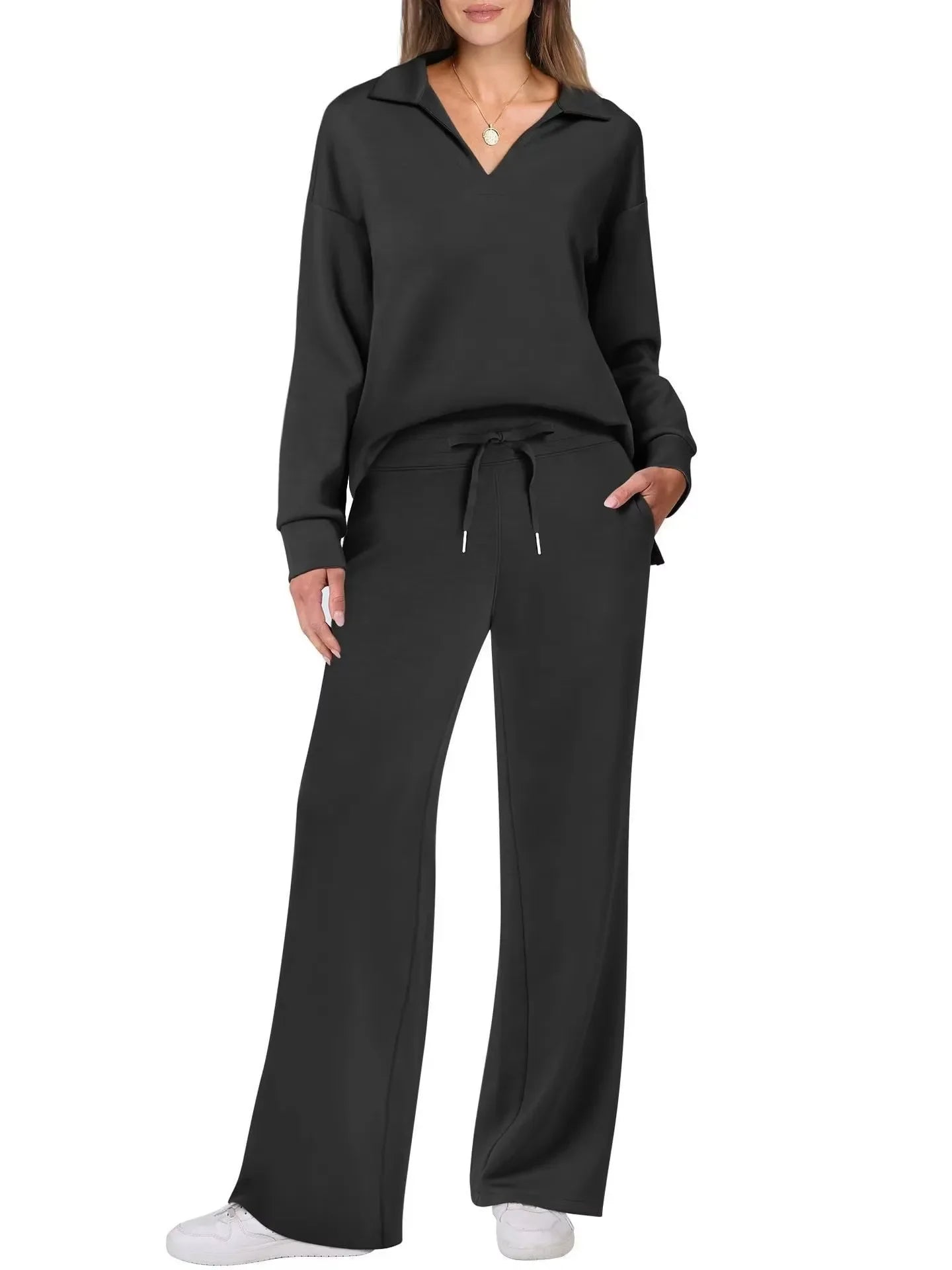 Women's 2 Piece Set™ Loose Long Sleeve V-Neck Top with Drawstring Elastic Waist Bell BottomsSet