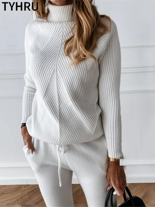 Women's tracksuit™ TYHRU Autumn Winter Knitted Striped Turtleneck Sweater and Elastic Trousers Set