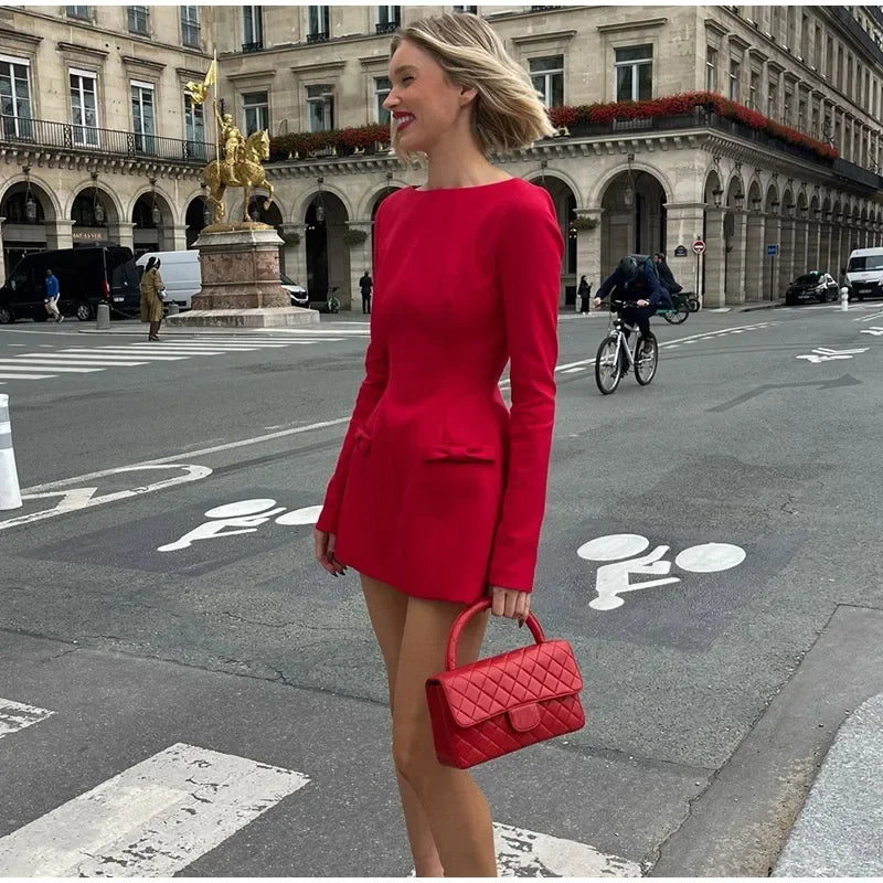 Women's Red Dress™ Double Bow Round Neck Long Sleeve Mini Dress Slim Fit High Waist Dress