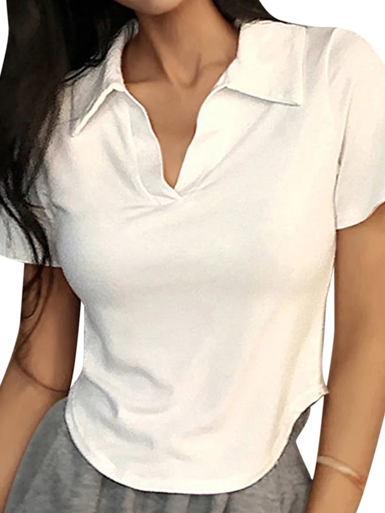 Women's Summer Short Sleeve Lapel Tops™ V-Neck Retro Slim Versatile Tee