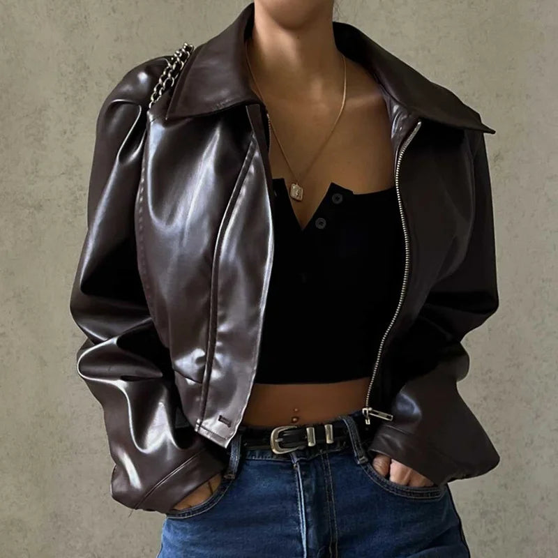 Women's Faux Leather Short Jacket™ Y2K Turn-down Collar Fashion Grunge Street Casual Coats