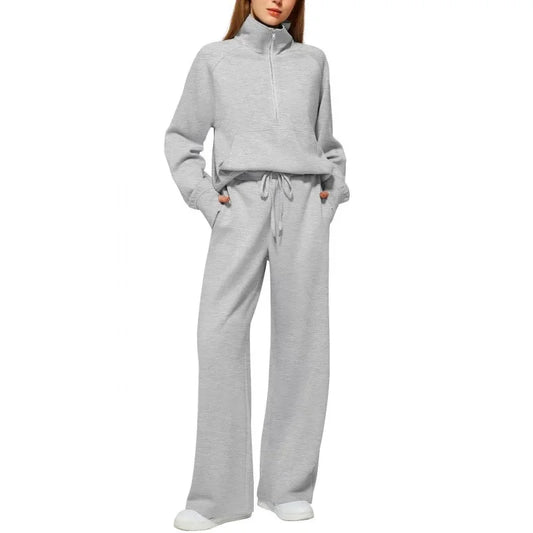 Women's European Style 2-Piece Set™ Zip Up Polo Shirt Wide Leg Sweatpants Casual Suit