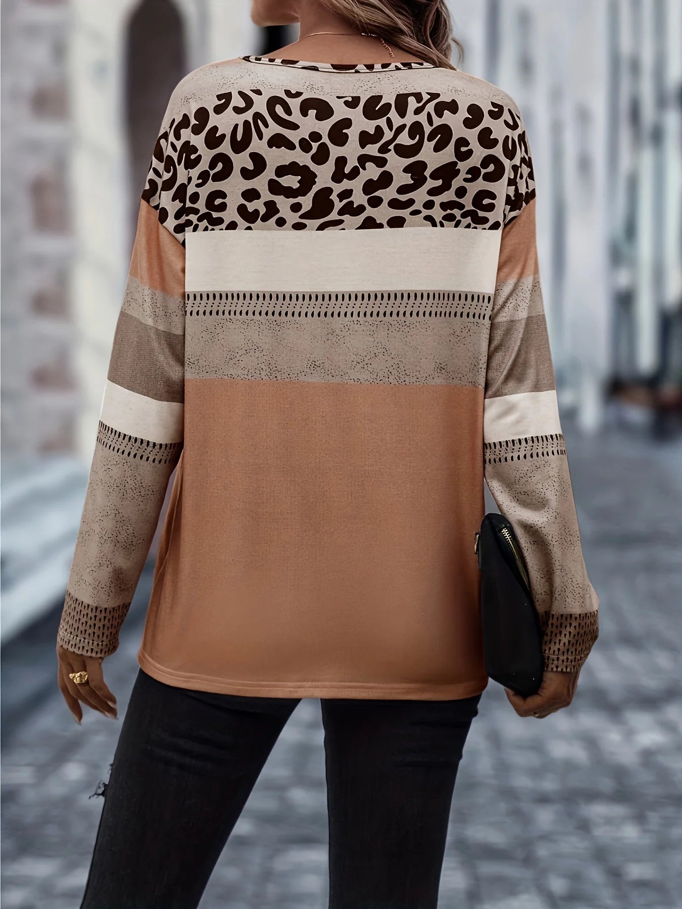 Women's Color block Leopard T-shirt™ Long Sleeve Round Neck Slight Stretch Plus Size