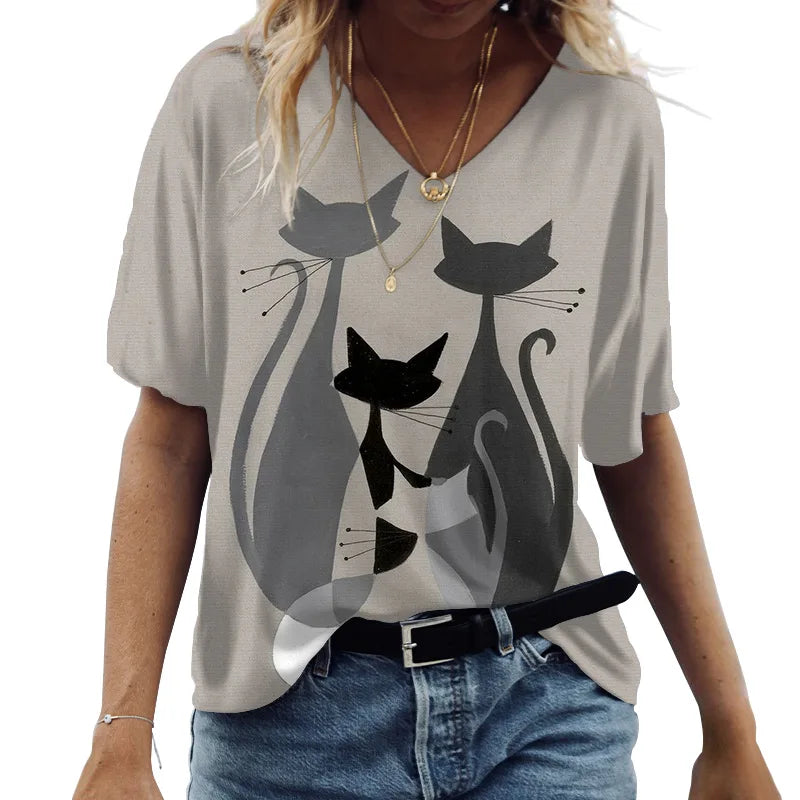 Women's Cartoon Cat Print T-shirt™ Summer Short Sleeve V-Neck Kawaii Fashion Tees